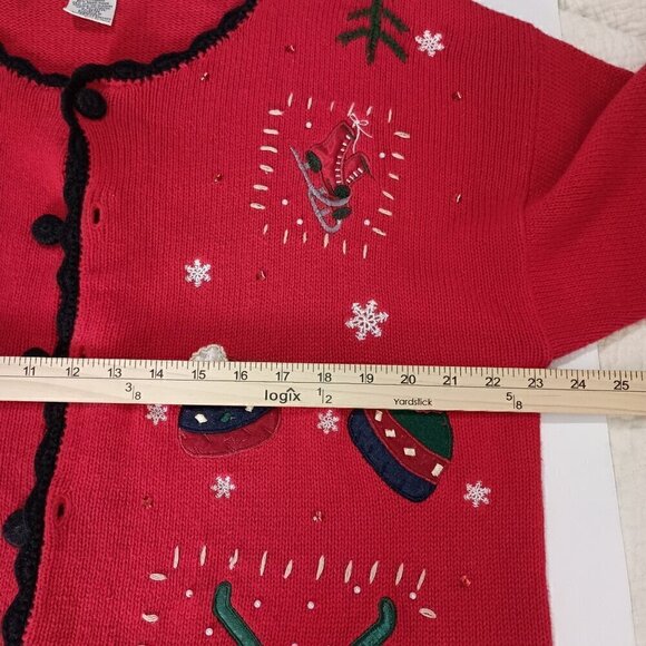 Ugly Christmas Cardigan Sweater Red & Black Crochet Trim Rami Cotton Blend Sz LG - Picture 7 of 11